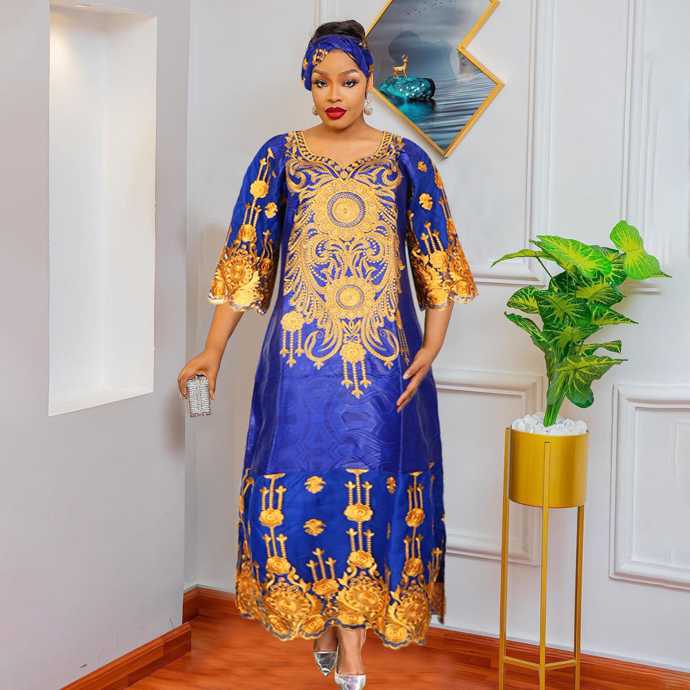 blue and gold african print dress African Print Blue Plunge Neckline Maxi Dress main image 0