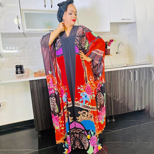 HDAfricanDress Plus Size African Women Clothes 2023 New Summer Print Kaftan Chiffon Long Dress 101