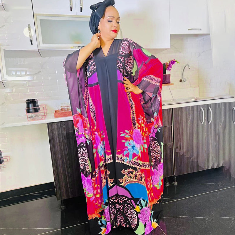 HDAfricanDress Plus Size African Women Clothes 2023 New Summer Print Kaftan Chiffon Long Dress 1011