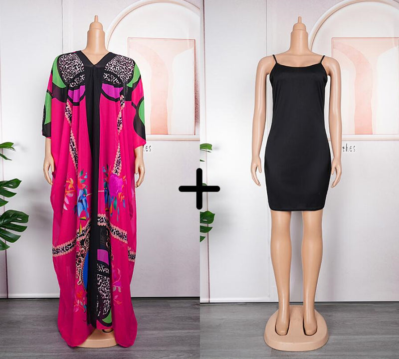 HDAfricanDress Plus Size African Women Clothes 2023 New Summer Print Kaftan Chiffon Long Dress 1013