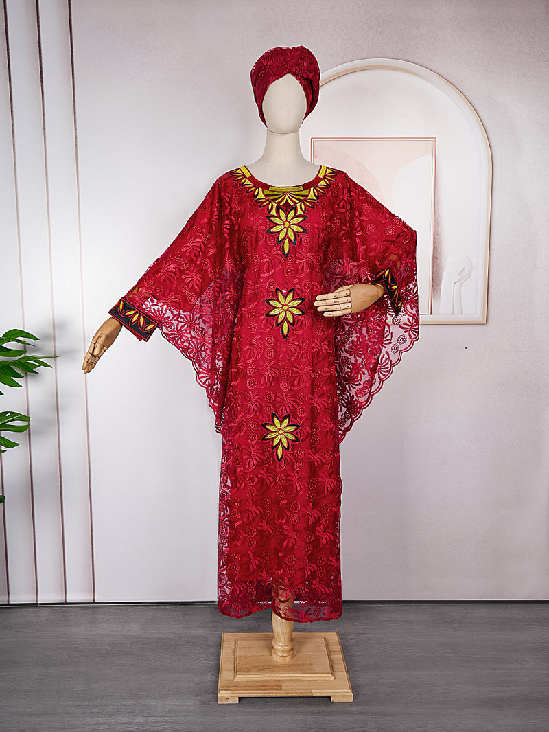 HDAfricanDress African Dresses For Women Muslim Lace Boubou Dashiki Ankara Outfits Gown With Headtie 603
