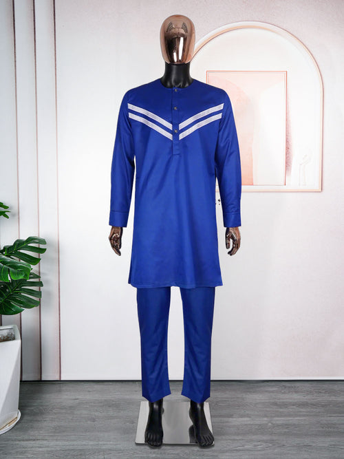 HDAfricanDress 2024 New Arrivals Blue And White Boubou Agbada African Men Top Pant 2 Pieces Set 102
