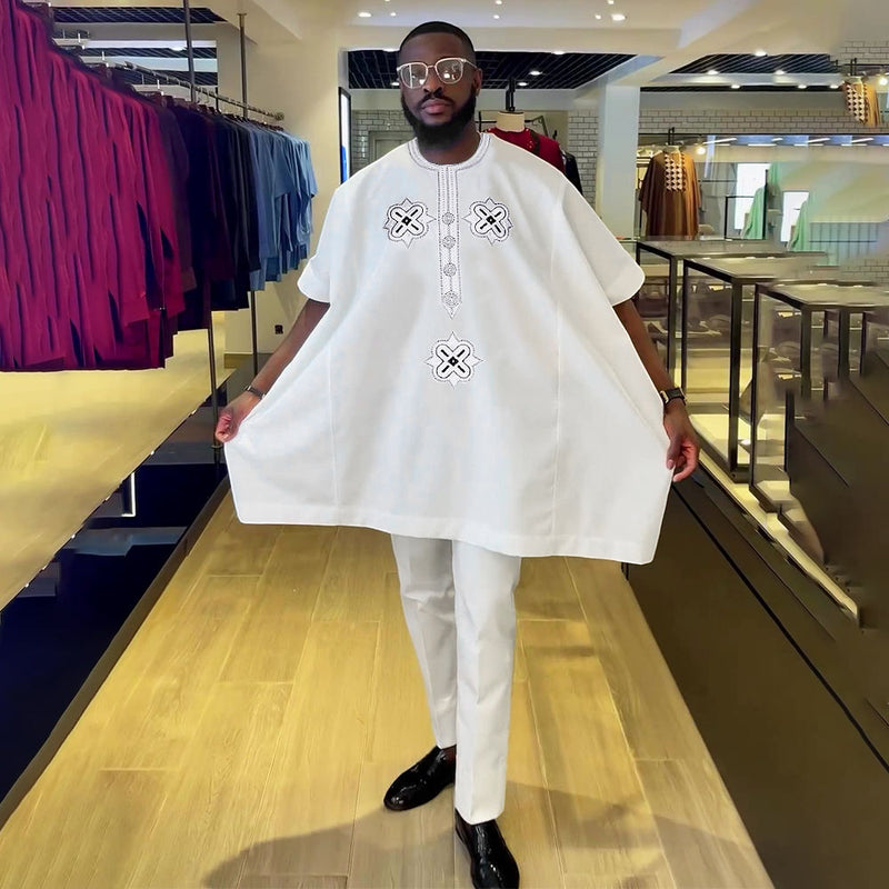 HDAfricanDress African Men Top Pant 2 Pcs Set White Model Homme Party Agbada Dashiki Clothes 2024