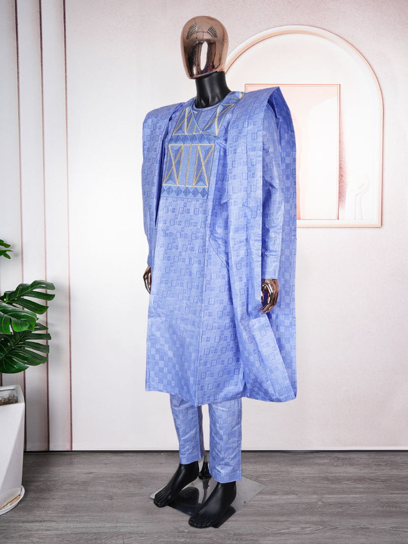 HDAfricanDress 2024 African Clothes For Men Broderie Bazin Riche Agbada Homme 3 PCS Blue Clothing 103