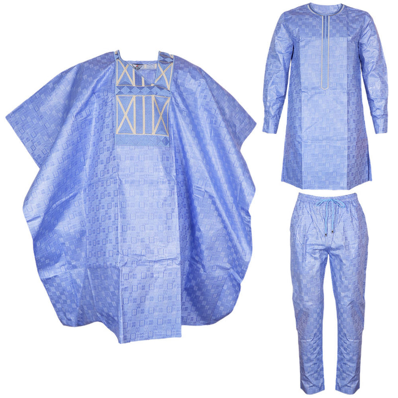 HDAfricanDress 2024 African Clothes For Men Broderie Bazin Riche Agbada Homme 3 PCS Blue Clothing 105