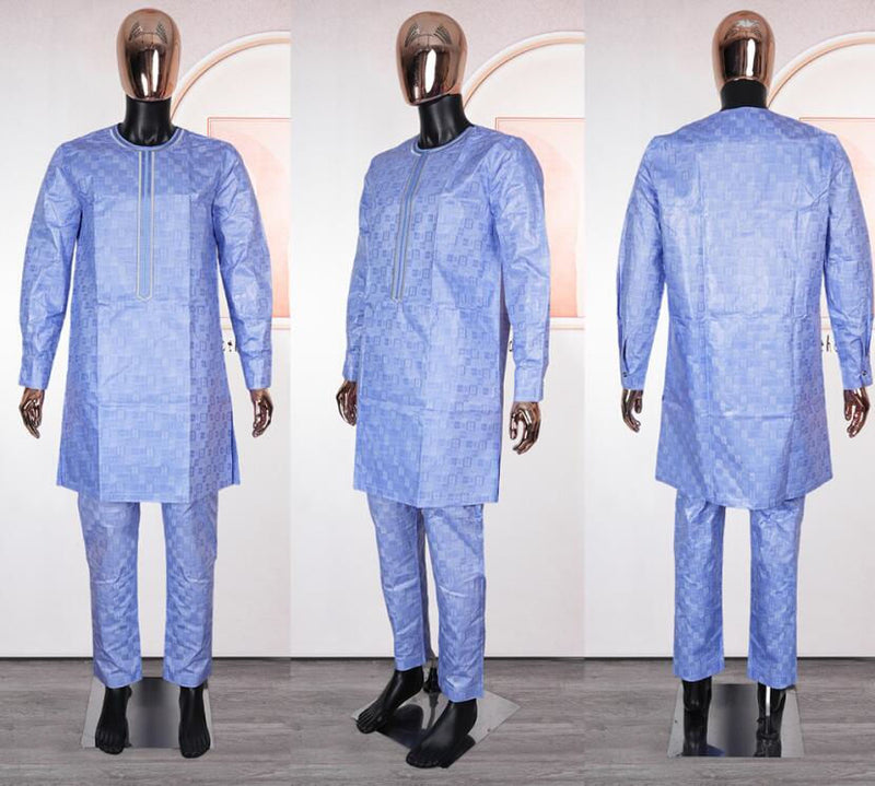 HDAfricanDress 2024 African Clothes For Men Broderie Bazin Riche Agbada Homme 3 PCS Blue Clothing 106