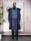 HDAfricanDress African Clothes For Men Bazin Dashiki Dark Blue Robe Shirt Pants 3 PCS Set Wedding Party 102