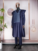 HDAfricanDress African Clothes For Men Bazin Dashiki Dark Blue Robe Shirt Pants 3 PCS Set Wedding Party 103