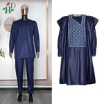HDAfricanDress African Clothes For Men Bazin Dashiki Dark Blue Robe Shirt Pants 3 PCS Set Wedding Party 105