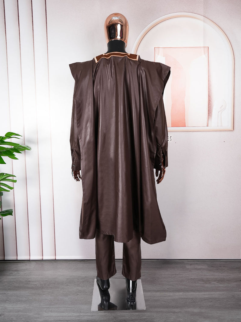 HDAfricanDress 2024 African Men New Boubou Shirt Pant Set Coffee Bazin Riche Embroidery Dashiki Clothing 104