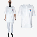 HDAfricanDress 2024 New African Men White Top Pant 2 Pieces Set Clothes Riche Bazin Wedding Party Ramadan 105