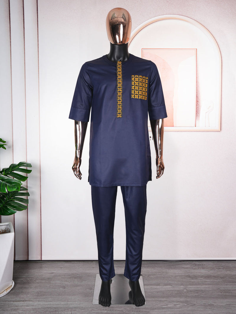 HDAfricanDress African Clothes For Men Top Pant 2024 New Dark Blue Rich Bazin Embroidery Ramadan Clothes 102