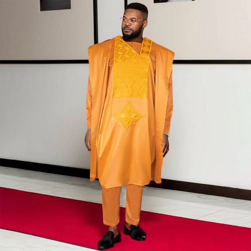 HDAfricanDress African Men 2024 Muslim Ramadan White Orange Embroidery Dashiki Shirt Pant Robe 101