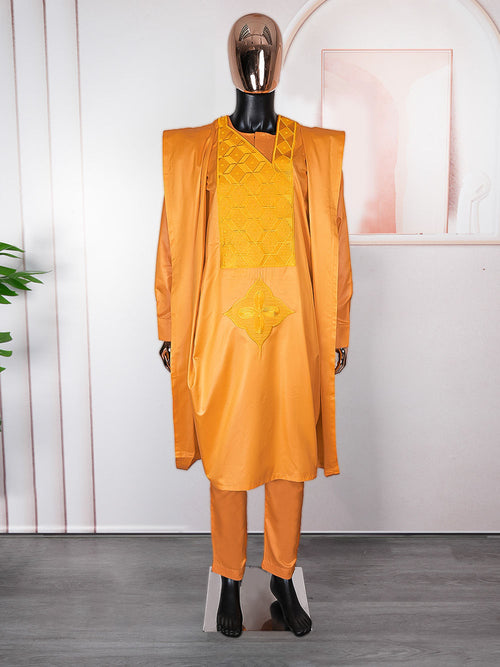 HDAfricanDress African Men 2024 Muslim Ramadan White Orange Embroidery Dashiki Shirt Pant Robe 102