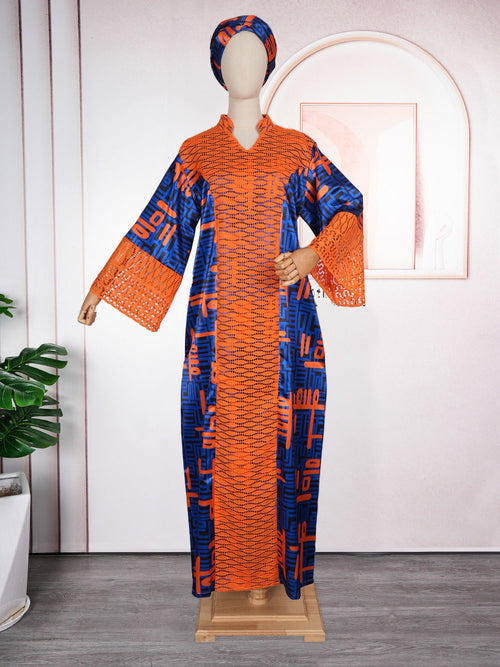 HDAfricanDress Elegant African Dresses For Women Muslim Lace Boubou Dashiki Evening Gown With Headtie 102