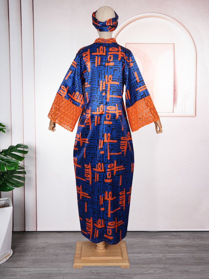 HDAfricanDress Elegant African Dresses For Women Muslim Lace Boubou Dashiki Evening Gown With Headtie 104