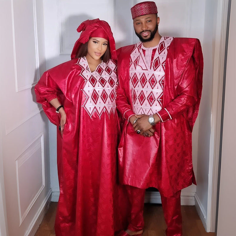 HDAfricanDress African Clothes For Couple 2024 Men And Women Bazin Red Robe Top Pant Suit Clothing 1001