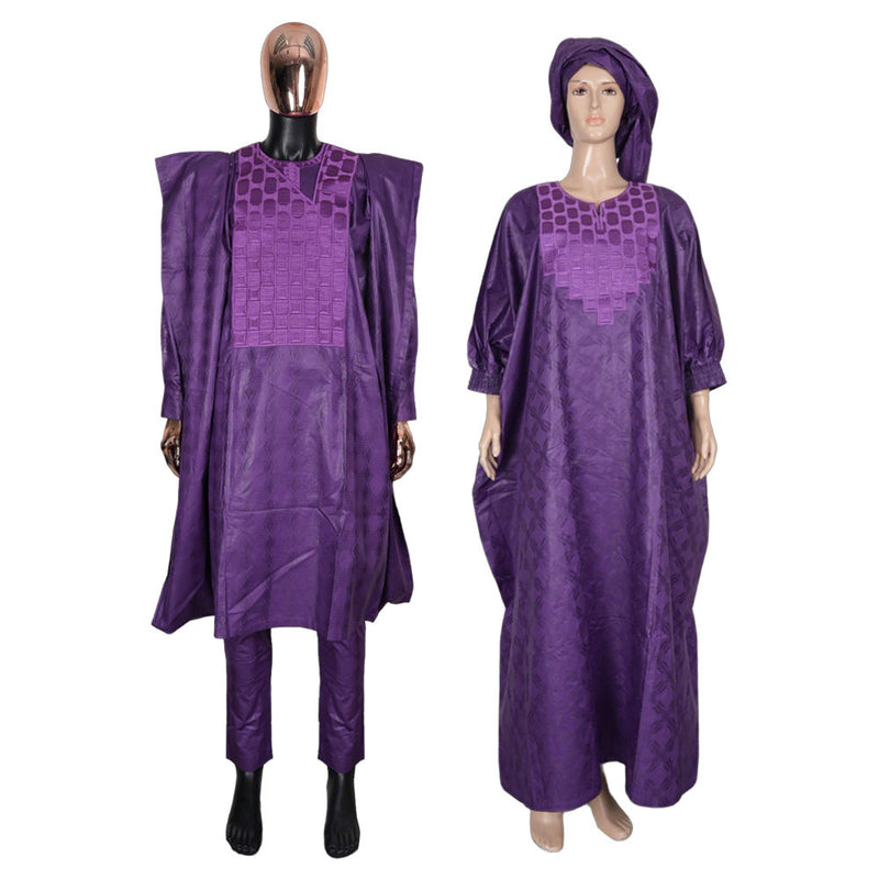 HDAfricanDress African Couple Clothes Traditional High Quality Bazin Purple 2024 Robe Top Pant Suit 102