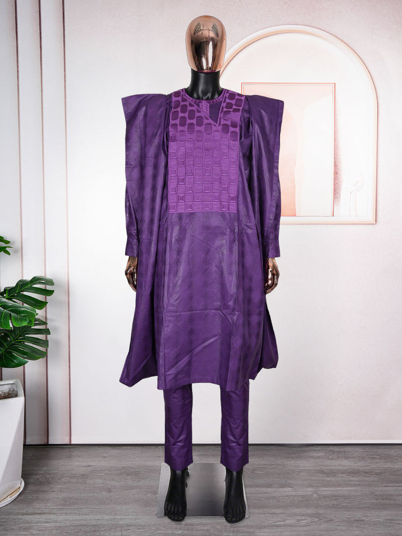 HDAfricanDress African Couple Clothes Traditional High Quality Bazin Purple 2024 Robe Top Pant Suit 1011