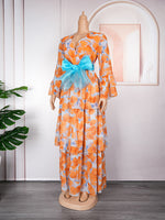HDAfricanDress 2023 Chiffon Dresses For Woman Turkey African Dashiki Print Boho Ruffle Sleeve Dress 603