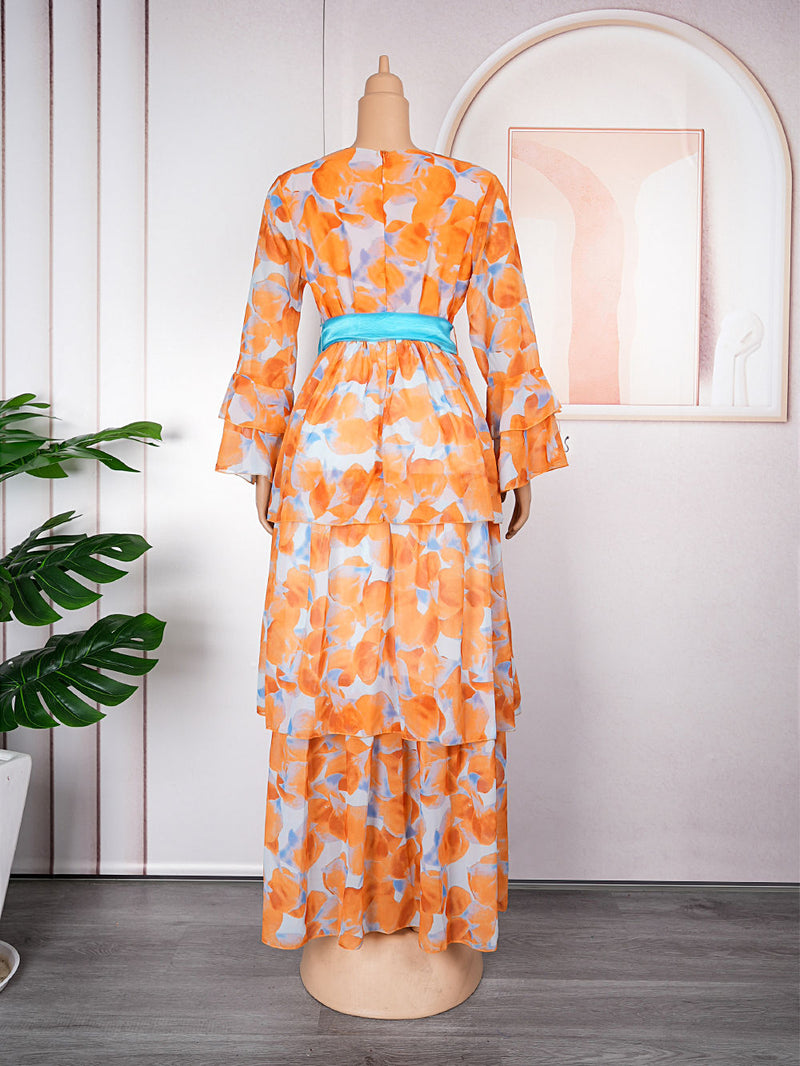 HDAfricanDress 2023 Chiffon Dresses For Woman Turkey African Dashiki Print Boho Ruffle Sleeve Dress 604