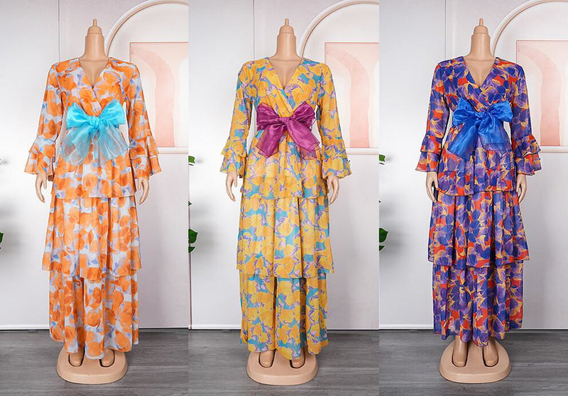HDAfricanDress 2023 Chiffon Dresses For Woman Turkey African Dashiki Print Boho Ruffle Sleeve Dress 608