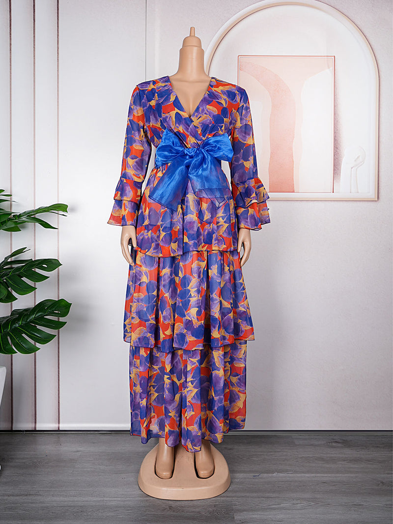 HDAfricanDress 2023 Chiffon Dresses For Woman Turkey African Dashiki Print Boho Ruffle Sleeve Dress 6012