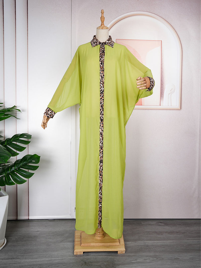 HDAfricanDress African Chiffon Dresses For Women Dubai Muslim Abaya Leopard Print Maxi Rob 603