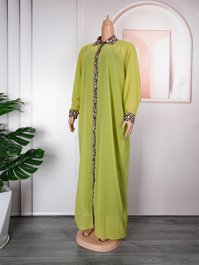 HDAfricanDress African Chiffon Dresses For Women Dubai Muslim Abaya Leopard Print Maxi Rob 604