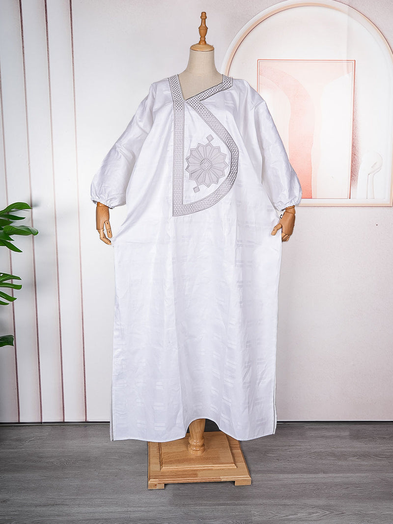 HDAfricanDress African Women Traditional Party Dress Embroidery 2024 Ramadan White Ankara Robe 104