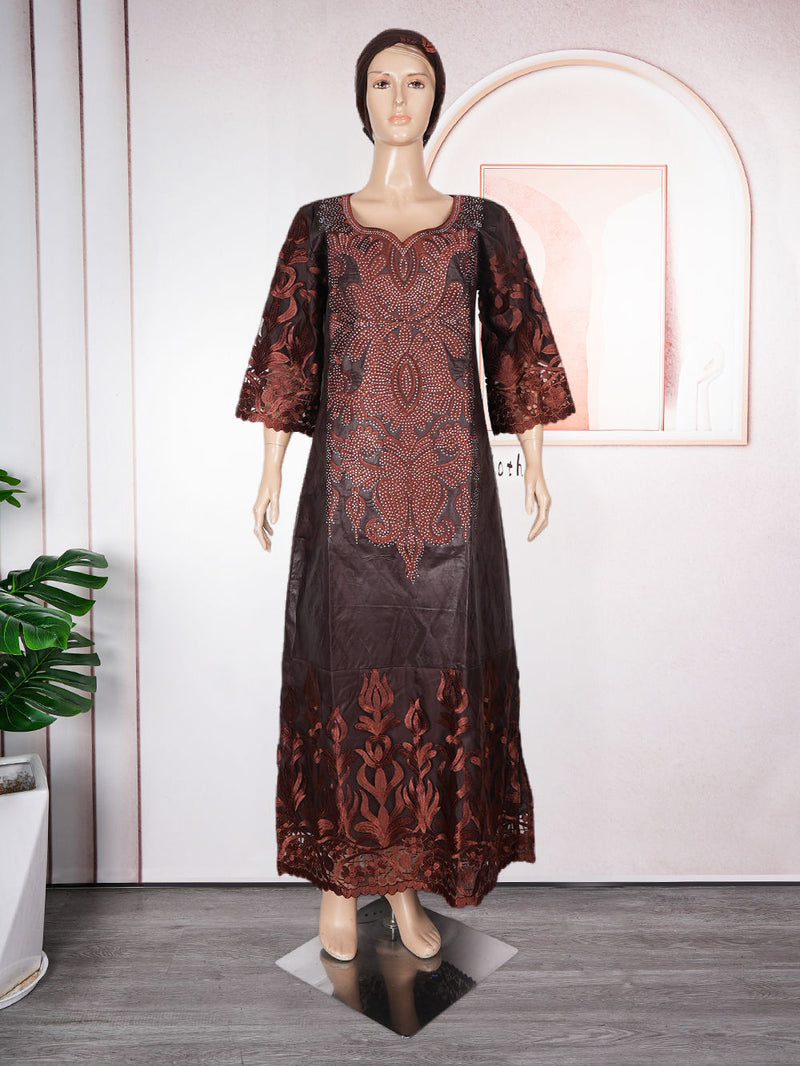 HDAfricanDress 2024 Embroidery Bazin Riche African Dresses For Women Ankara Robe Boubou Dashiki Dress 1010