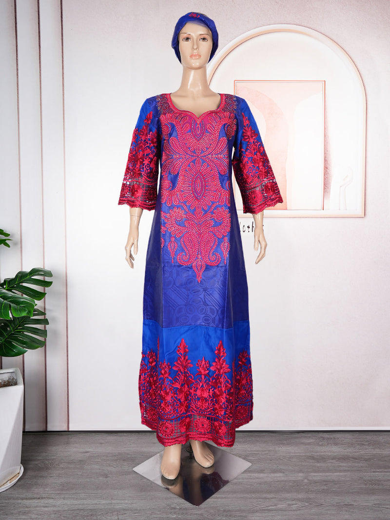 HDAfricanDress 2024 Embroidery Bazin Riche African Dresses For Women Ankara Robe Boubou Dashiki Dress 1014
