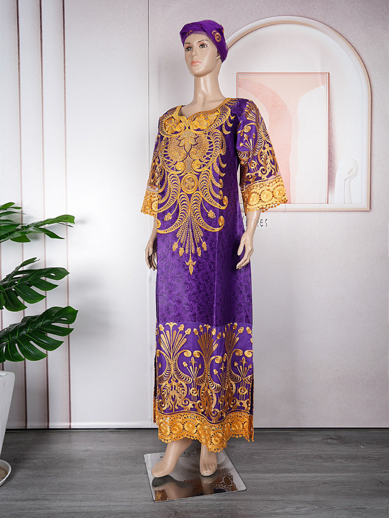 HDAfricanDress African Dress For Women Embroidery Bazin Riche Purple With Turban Wedding party 103