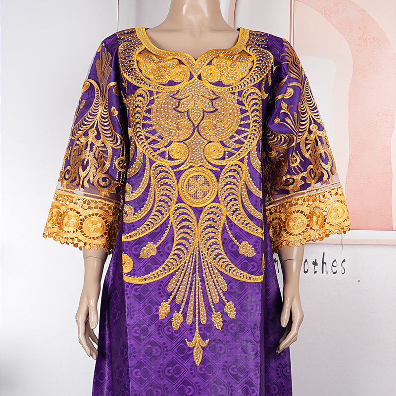 HDAfricanDress African Dress For Women Embroidery Bazin Riche Purple With Turban Wedding party 105