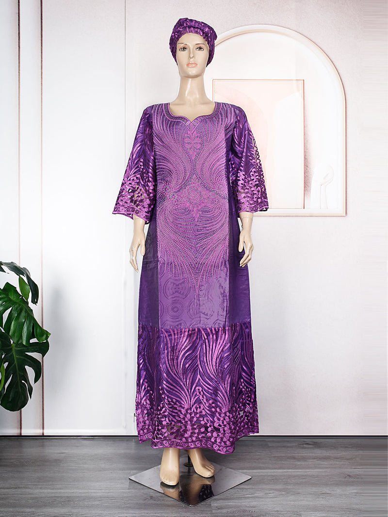 HDAfricanDress African Dresses For Women Traditional Bazin Purple Blue Embroidery Lace Dress Robe 102