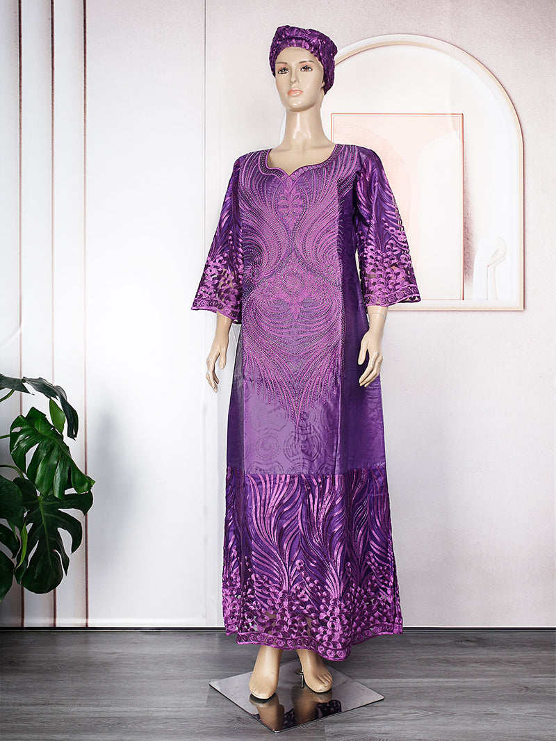 HDAfricanDress African Dresses For Women Traditional Bazin Purple Blue Embroidery Lace Dress Robe 103