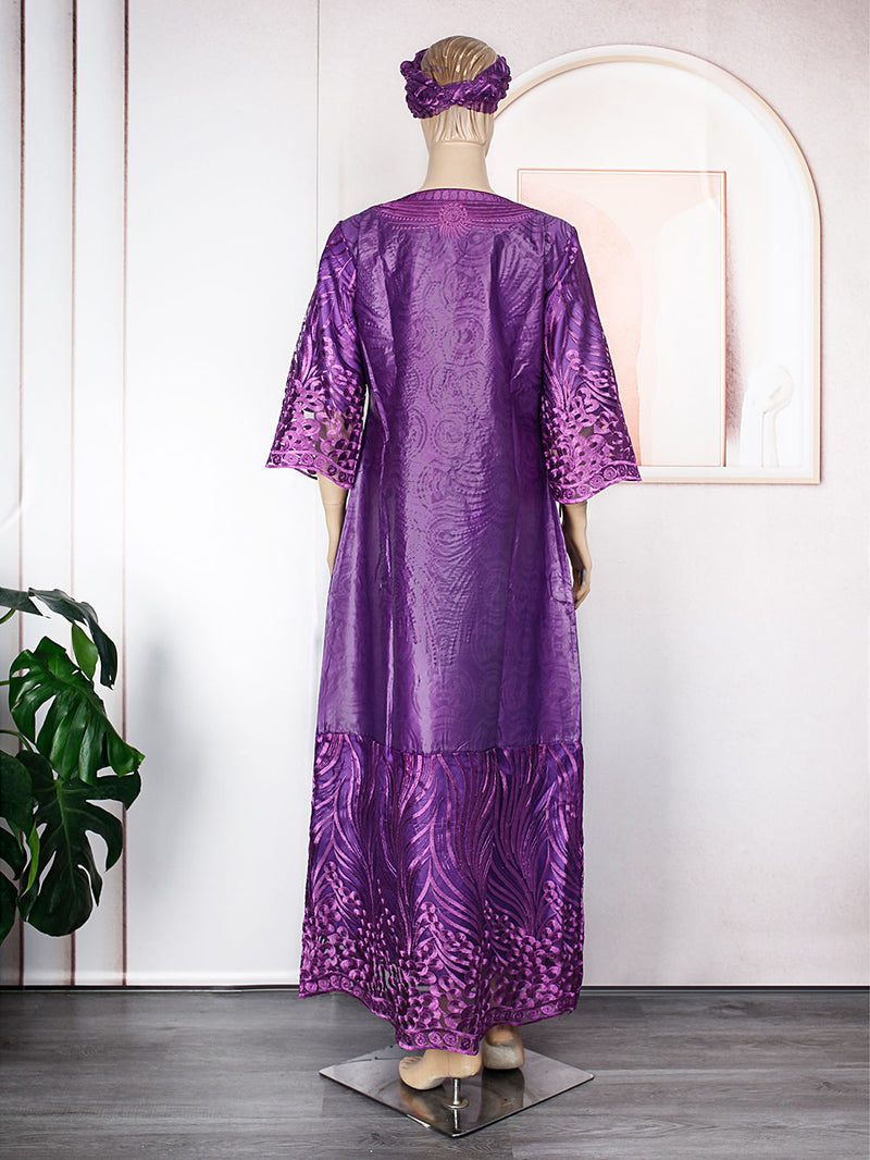 HDAfricanDress African Dresses For Women Traditional Bazin Purple Blue Embroidery Lace Dress Robe 104