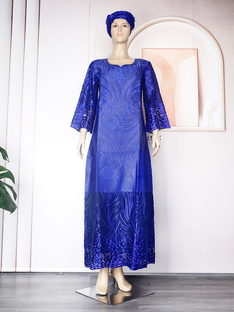 HDAfricanDress African Dresses For Women Traditional Bazin Purple Blue Embroidery Lace Dress Robe 1010