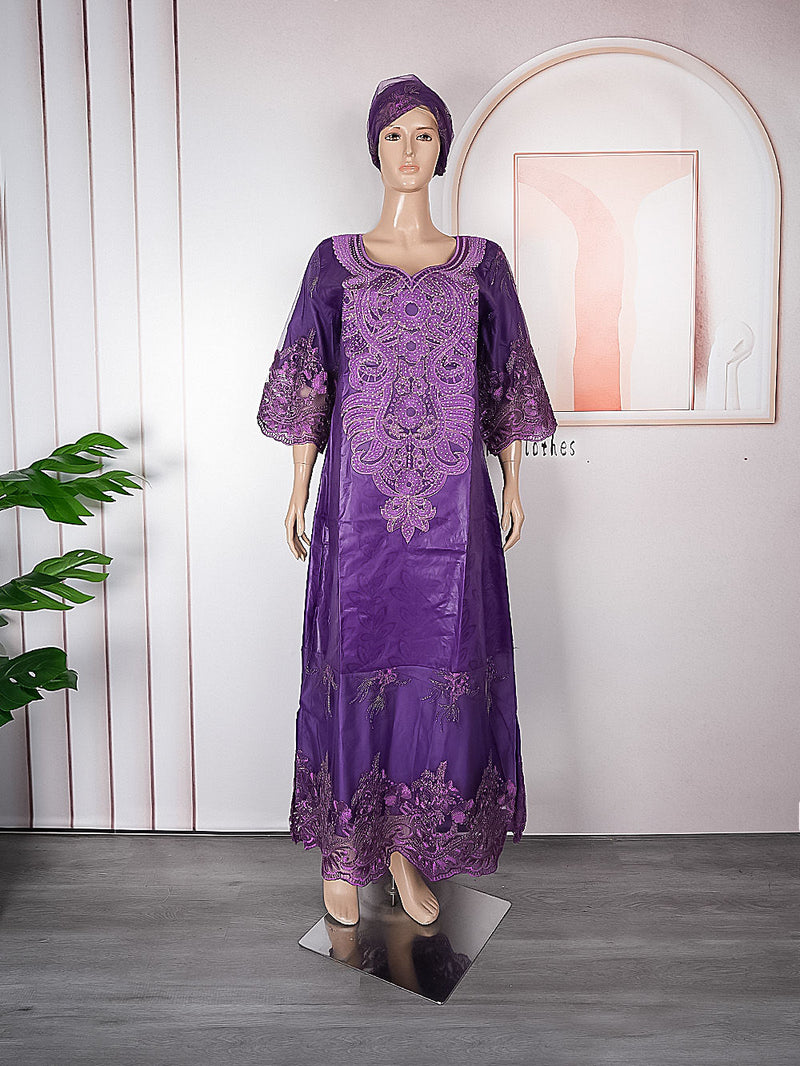 HDAfricanDress African Dresses For Women 2024 New Arrivals Bazin Purple Green Embroidery Long Dress 102