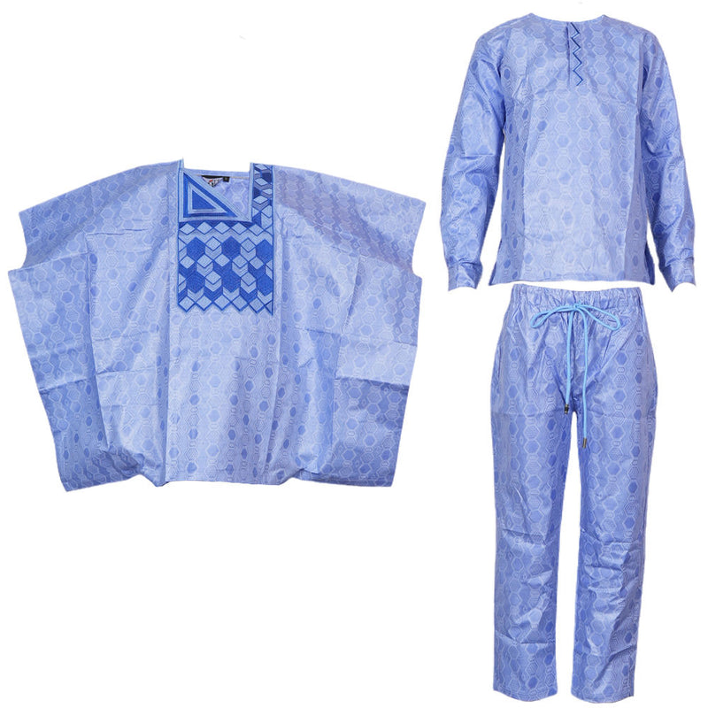 HDAfricanDress African Clothes For Children Blue Long Sleeve 2024 Bazin Robe Shirt Pant 3 PCS Set 105