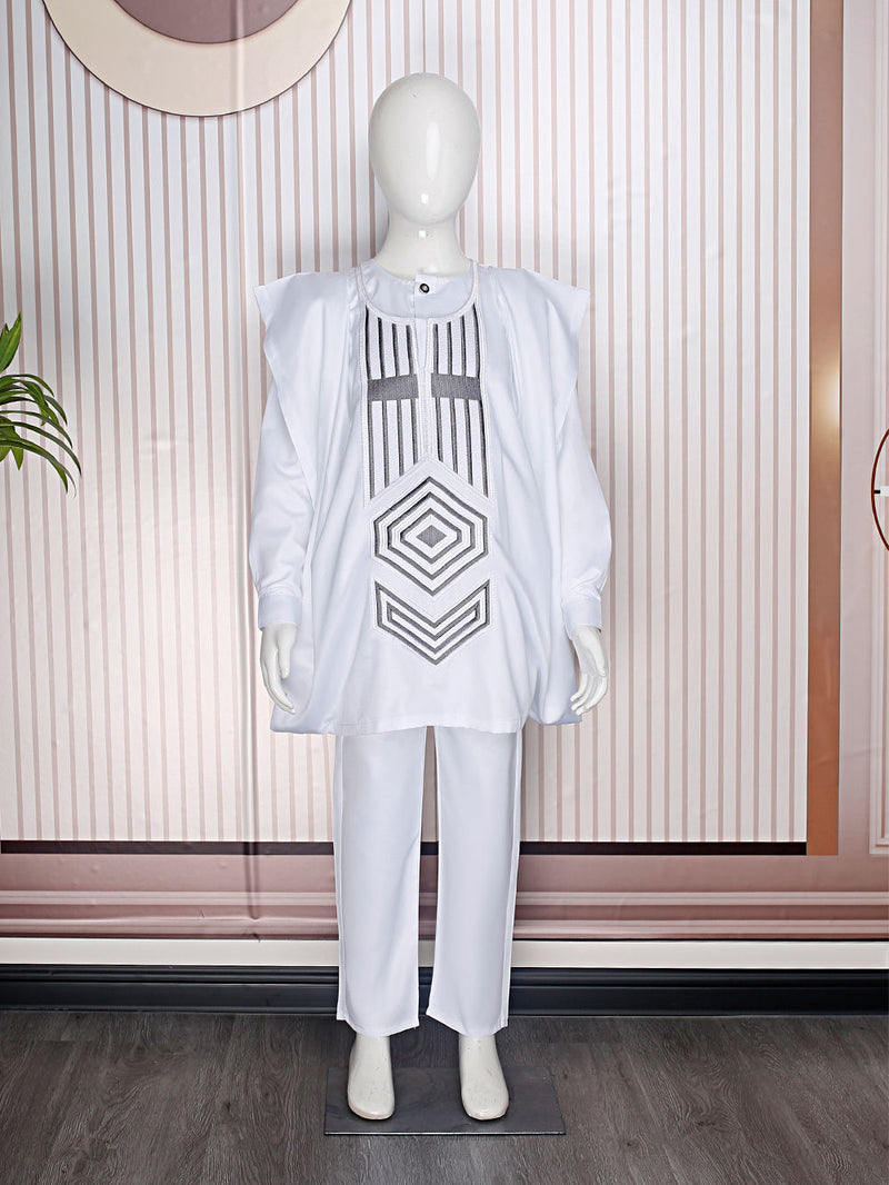 HDAfricanDress African Tradition Clothes For Kids Boys White Blue Long Sleeve Dashiki Robe Shirt Pant 102