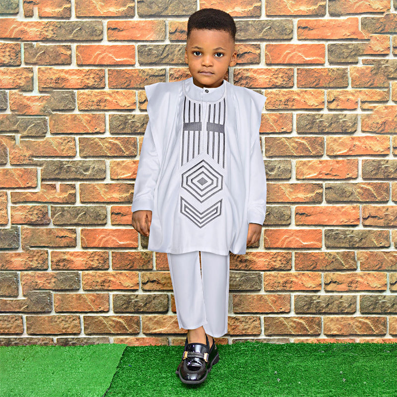 HDAfricanDress African Tradition Clothes For Kids Boys White Blue Long Sleeve Dashiki Robe Shirt Pant 108