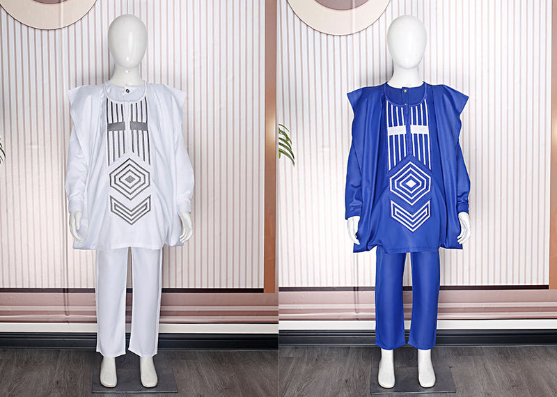 HDAfricanDress African Tradition Clothes For Kids Boys White Blue Long Sleeve Dashiki Robe Shirt Pant 109