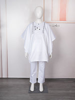 HDAfricanDress 2024 African Clothes For Child White Blue Bazin Long Sleeve Dashiki Robe 3 PCS Set 102