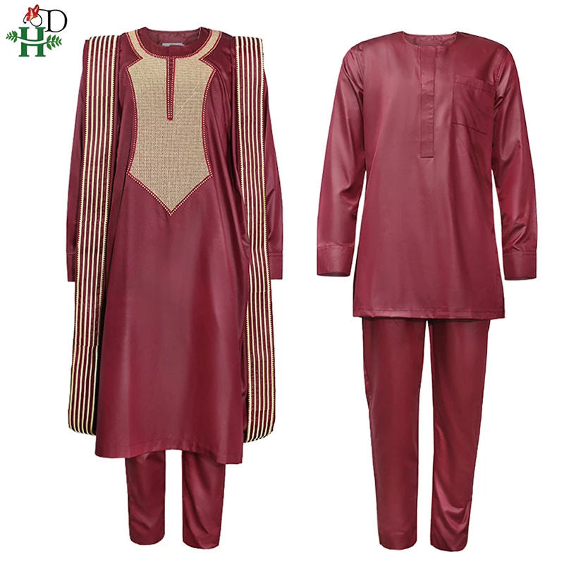 HDAfricanDress Embroidered Robes Dashiki Cover Shirt Pants 3 PCS Set Boubou Musulman 104