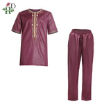 HDAfricanDress Dashiki No Cap Shirt Pants Set Embroidery Tops Trouser Suit 104