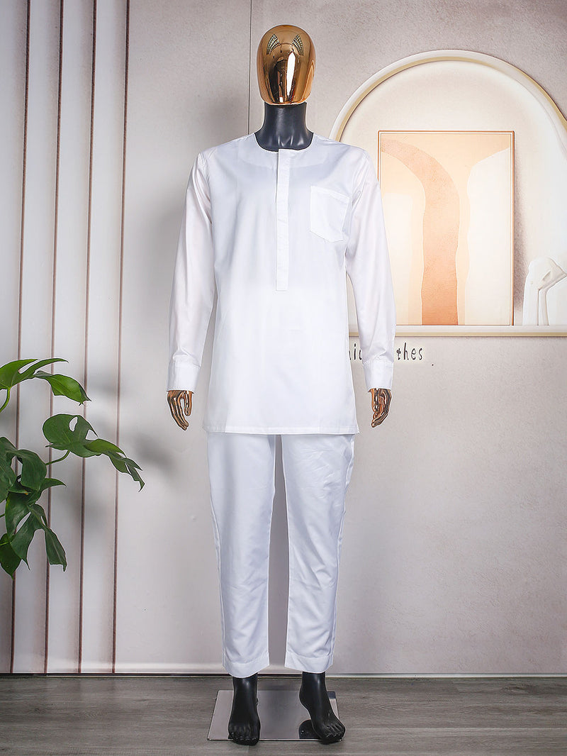 HDAfricanDress African Clothes for Men Tradition Embroidery Bazin Shirt Pant White Coat Robe 105