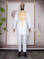 HDAfricanDress African Men Tradition Embroidery 2 Pcs Set White Brown Bazin Muslim Wedding Party Dashiki 102