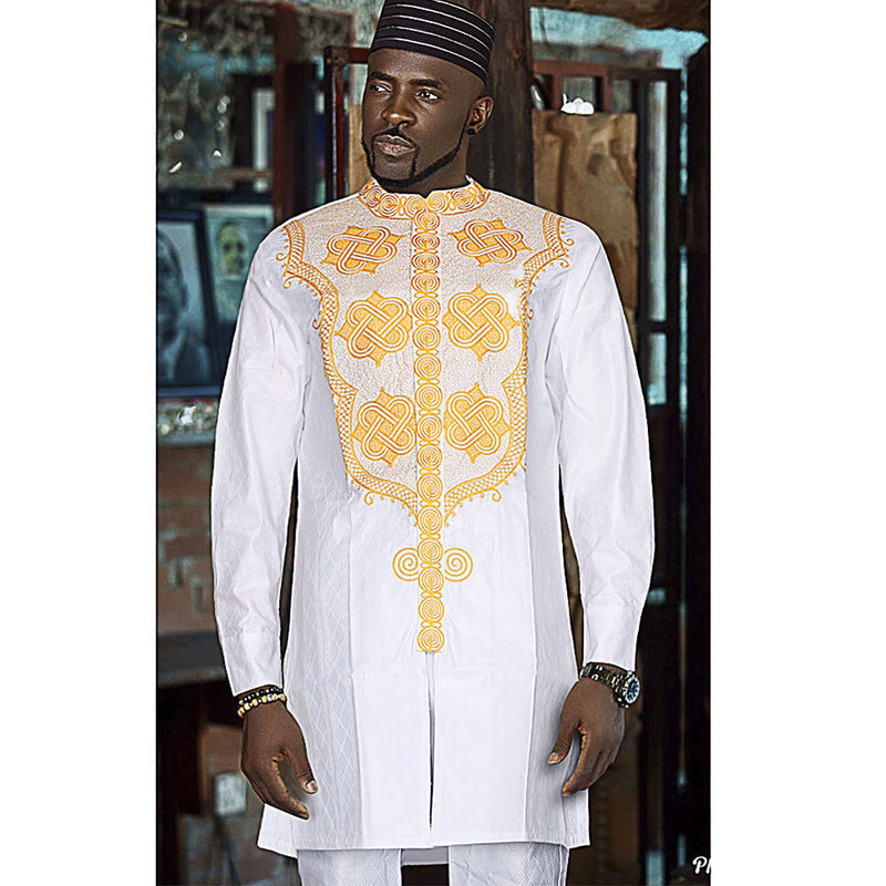 HDAfricanDress African Men Tradition Embroidery 2 Pcs Set White Brown Bazin Muslim Wedding Party Dashiki 108