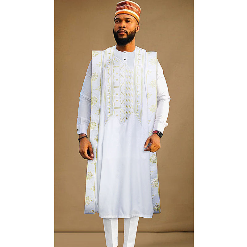 HDAfricanDress African Men Shirt Pants 3 Pcs Set Bazin White Dark Blue Robe Wedding Party Clothing Ankara